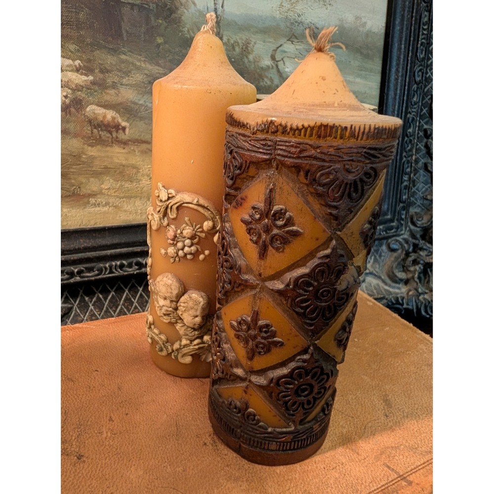 Vintage Style Carved Pillar Candles Set of 3 Cherub Floral Geometric 7 Inch Tan
